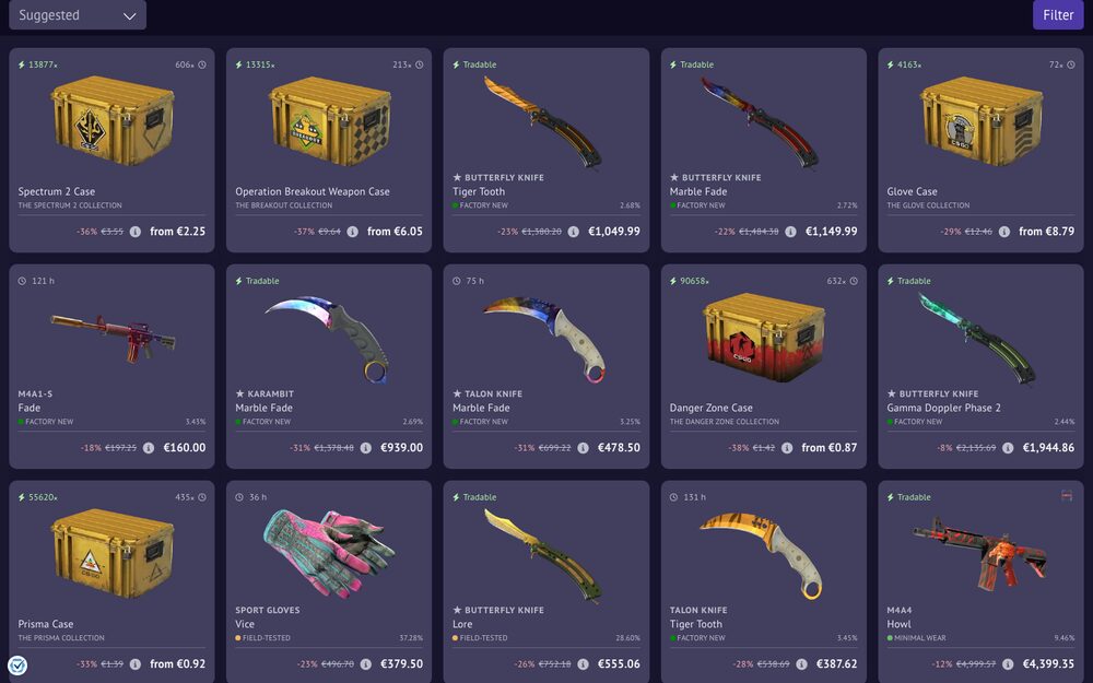 SkinBaron listings — on-site inventory makes hands-off buying possible