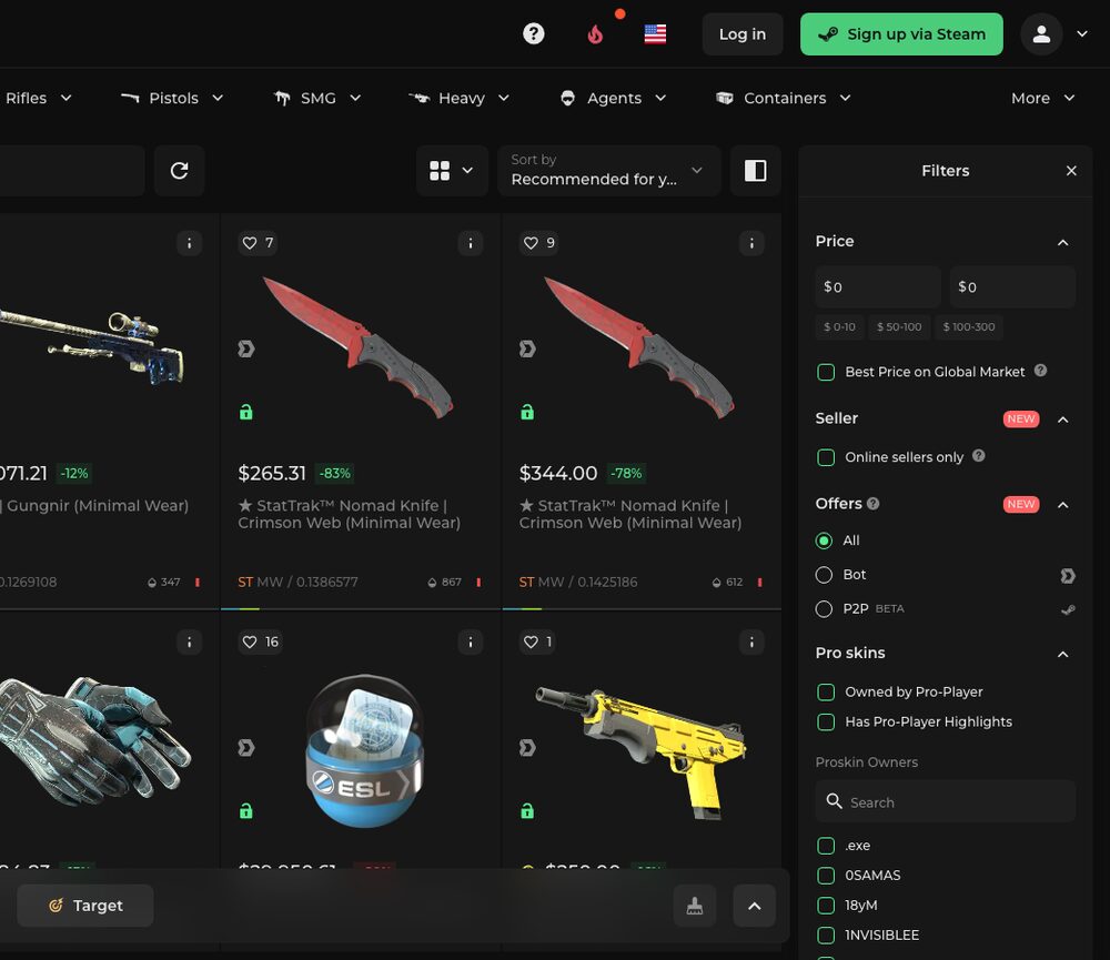 DMarket's knife listings with instant Buy and Target orders
