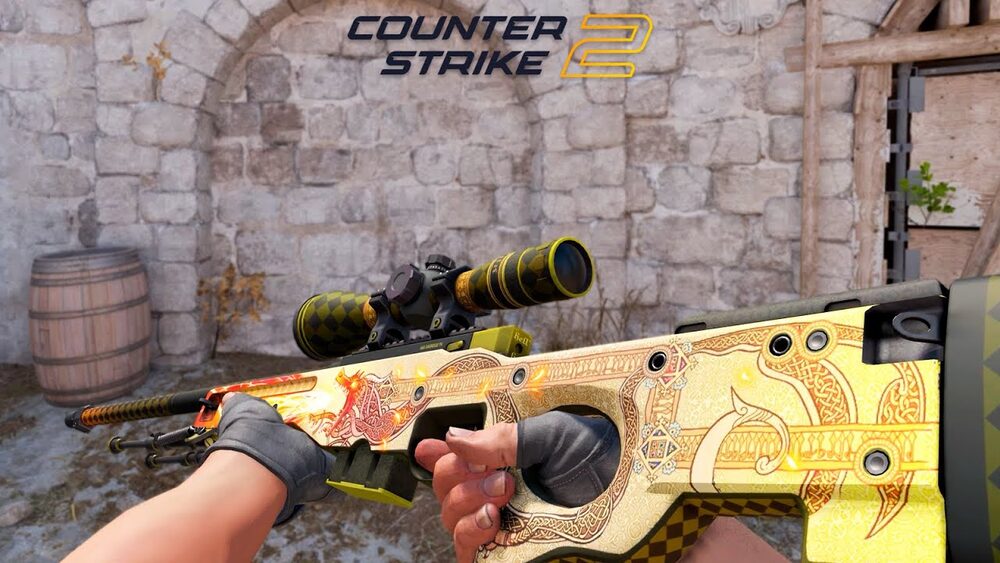 The AWP Dragon Lore in first person — CS2's most famous skin.