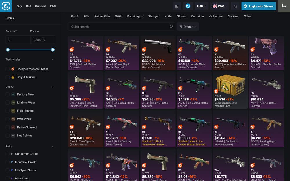Market.CSGO's listing wall — deep P2P supply, hard discounts