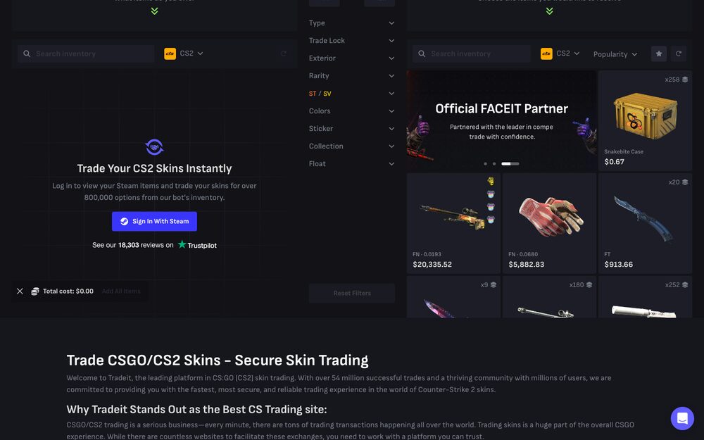 Tradeit's CS2 trading interface — instant swaps from bot inventory